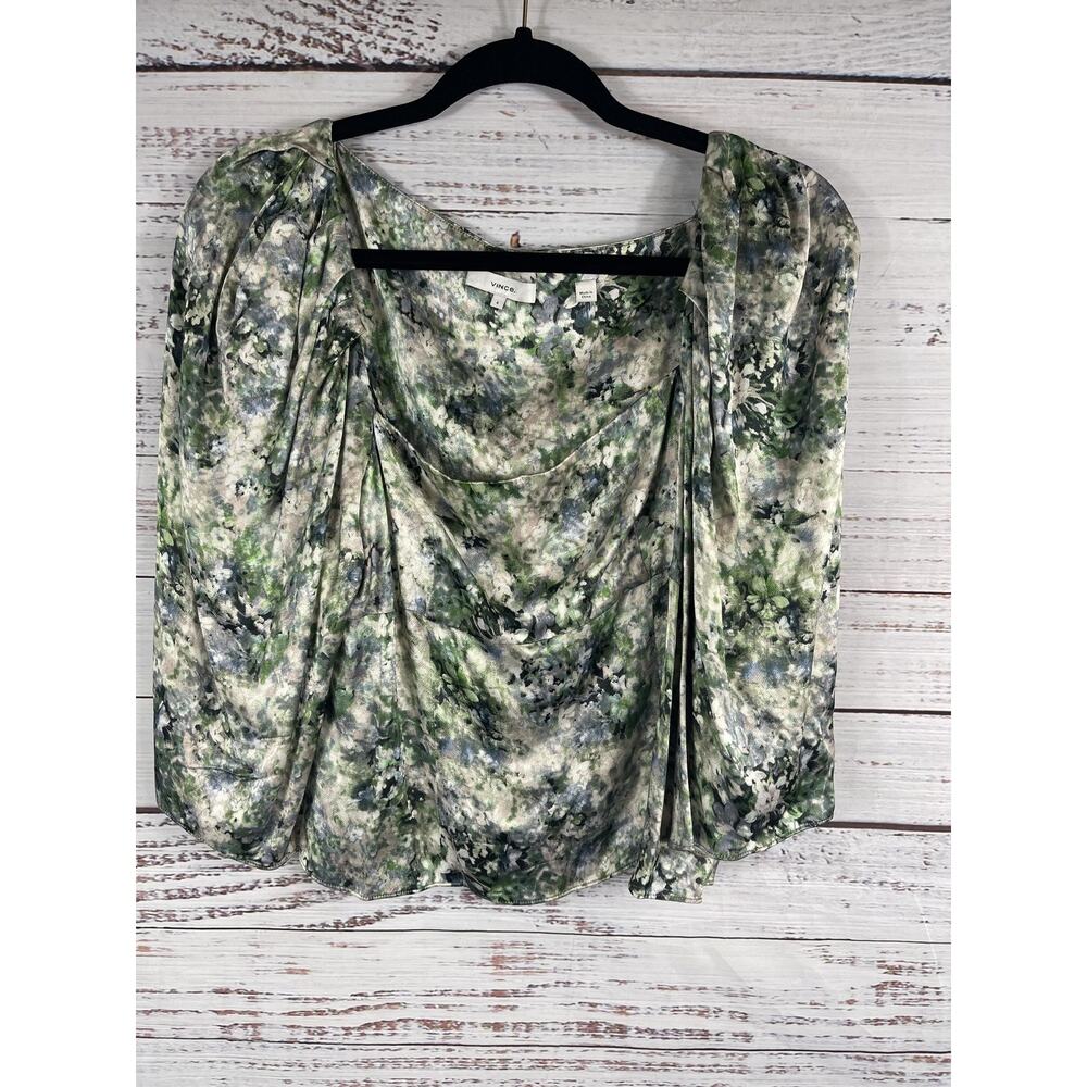Vince Blouse Women's SZ 6 Green Floral Print Long Sleeve Draped Front Top Shirt - Picture 4 of 9